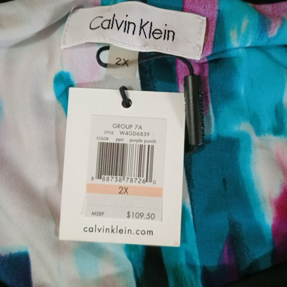 NWT Calvin Klein 2X Purple, Teal & White Abstract Print 3/4 Sleeve Sheath Dress - Picture 3 of 6